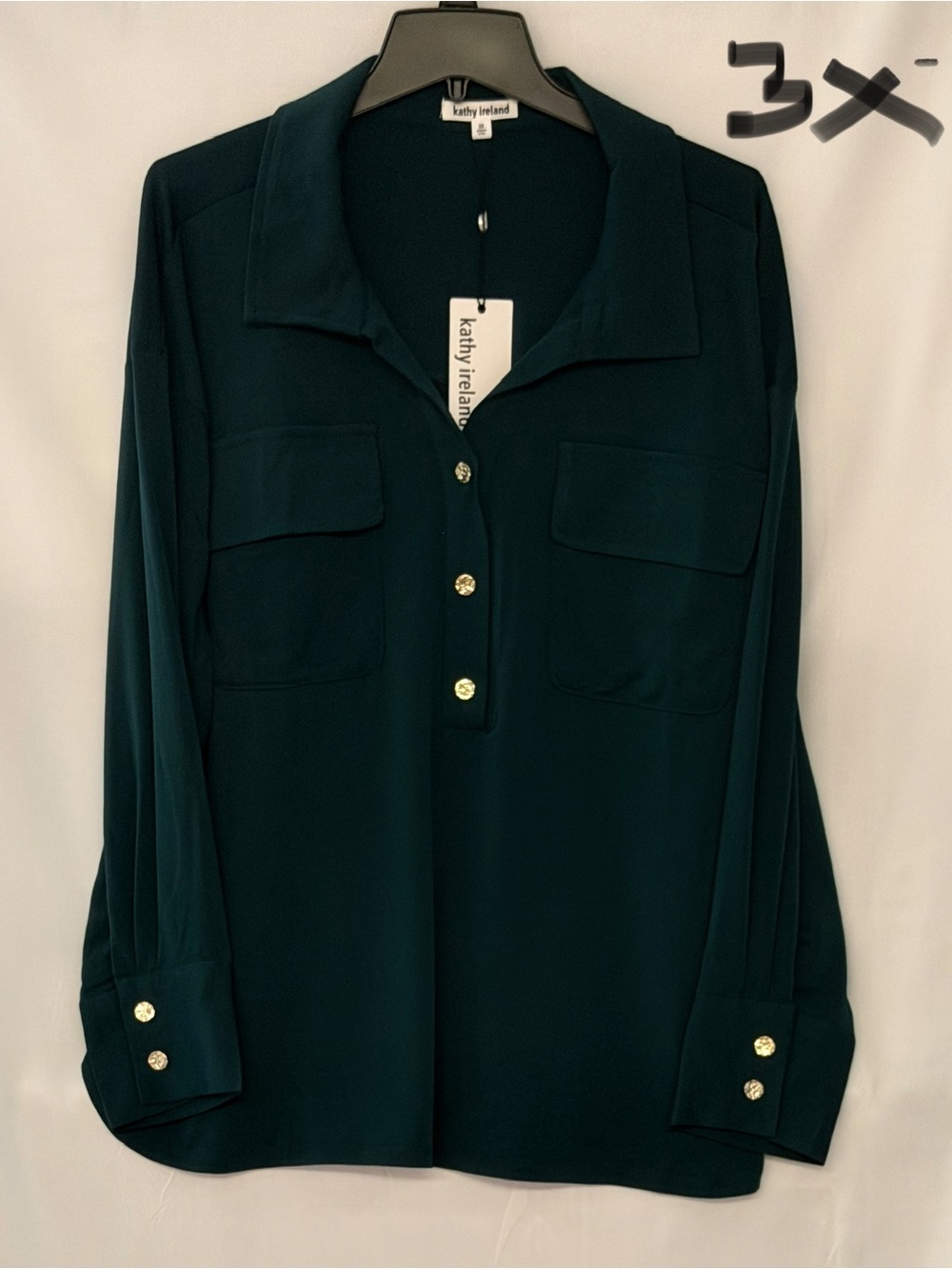 kathy ireland Teal Button-Front Blouse with Gold Buttons